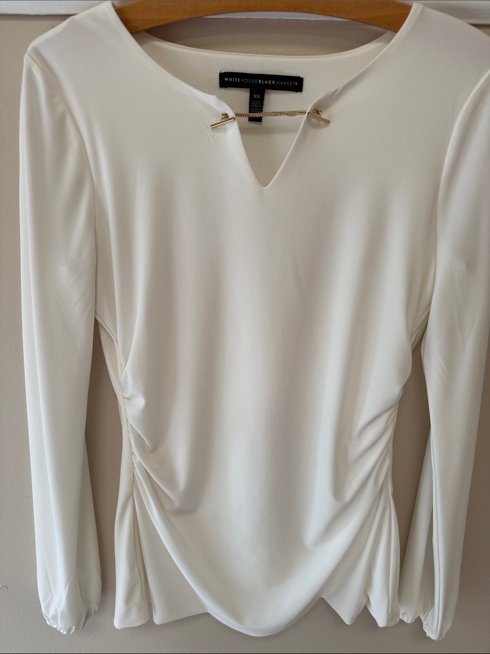 White House Black Market White Long-Sleeve Top with Gold Chain Detail